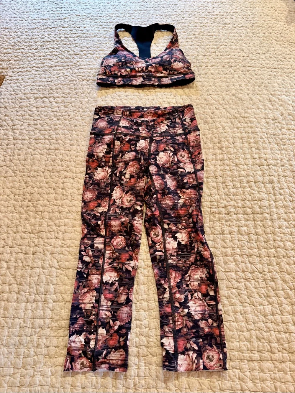 Lululemon Wunder Under Leggings and Break Free Bra Set in Multi Peony
